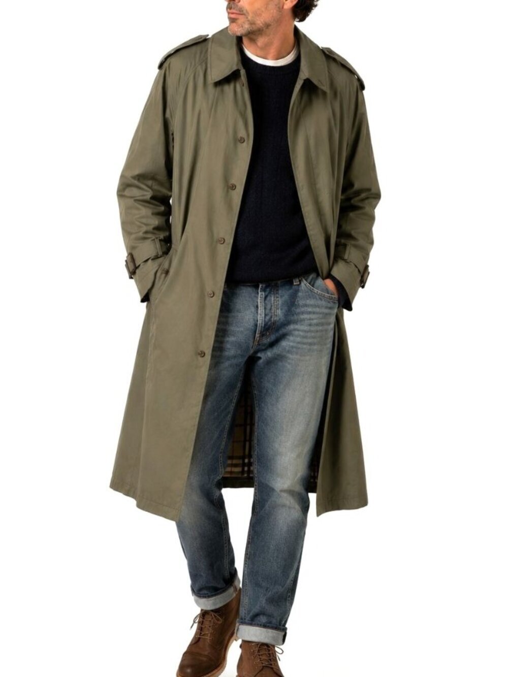 Vintage Burberry Olive Green Trench Coat Nova Check Wool Liner Made in England